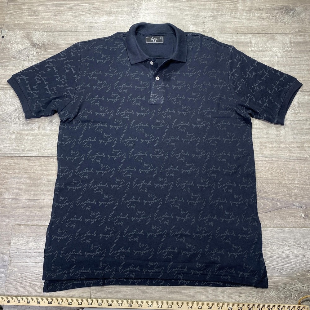 Eastside Golf Polo Shirt Mens Large Navy Allover‎ Script Print CAA Sports Golf